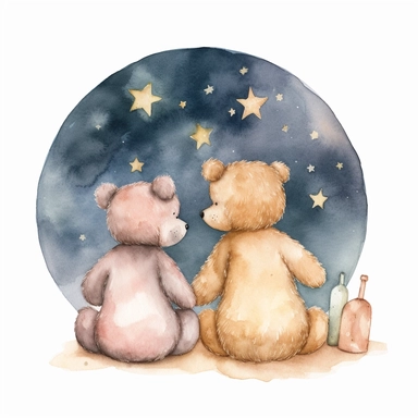 hand drawn pair of teddy bears back facing sitting together looking up at the night sky and the moon and stars, for a nursery, celestial accents, pastel shades, glamorous, watercolor, white background with margins, clipart style