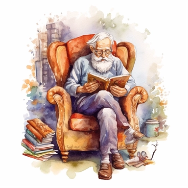 beautiful grandfather reading Fantasy book , clipart watercolor