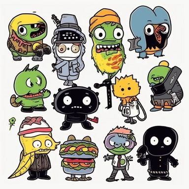 a set of black line clipart inspired by sushi and zombies and muppets and Care Bears and Funko Pop toys