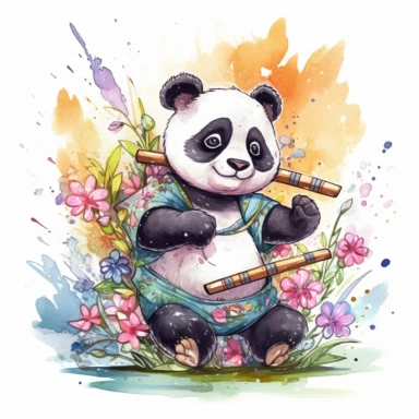 a happy panda with a bamboo shoot and a martial arts belt, depicted in a whimsical, watercolor, surrounded by colorful flowers and butterflies. The mood of the artwork is cheerful and playful, with a soft pastel color palette. The lighting style is bright and sunny, evoking a warm and inviting feeling. clipart design graphic, vector, contour, super cute, isolated white background, high quality, 2d, flat