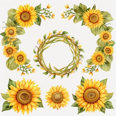 Sunflower wreath clipart, watercolor floral frames, summer clipart sublimation, boho printable decor DIY
