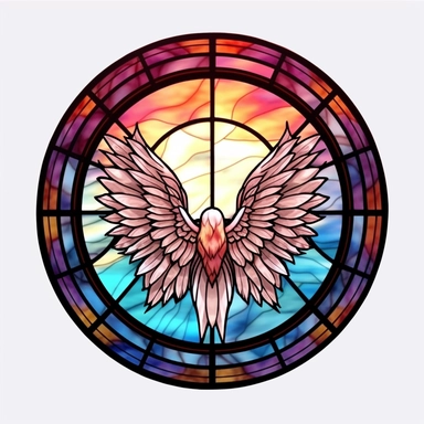 Stained Glass Cross with white wings, real feathers in the shape of a circle PNG Clipart