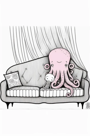An octopus with a huge pink human brain on a sofa, very simple line art, clipart, black and white, dark lines