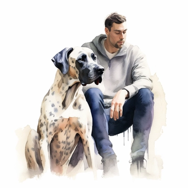 Great Dane sitting attentively next to its owner, their bond evident in their eyes, capturing the loyal and loving nature of the breed, white background, watercolor clipart.