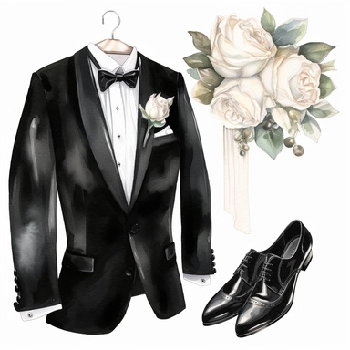 *Hand drawn shiny black tuxedo with a black bow tie on wooden hanger, white rose Boutonnières with leaf, patent leather shoes, glamorous, very detailed and realistic, watercolor, clipart style, white background with margins