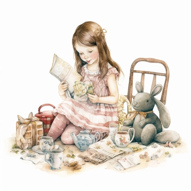 watercolor, hyper realistic, white background, white margins, 16k, ultra detailed clipart, cut out image, hand-drawn, whimsical a vintage child sitting on a vintage picnic blanket, enjoying a tea party with stuffed animals and a doll. Soft and muted tones, such as dusty rose, sage green, and pale yellow. Ultra HD, sharp line