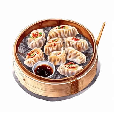watercolor, hyper realistic, white background, white margins, 16k, ultra detailed clipart, cut out image, hand-drawn a traditional Chinese dim sum platter with a variety of steamed dumplings and buns, served with soy sauce and chili oil in the style of nightcore, multilayered realism, ricoh ff-9d, light gray and light brown, mushroomcore, dark red and green, heavy shading