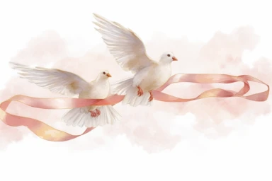 watercolor clipart of doves carrying wide beige ribbon banner on a watercolor painted background, in the style of white and light pink, symbolic identity, persian miniature, logo, li wei, decorative bordersin the style of realistic watercolor portrait drawings, algeapunk, transparent/translucent medium, elegant style, hd clipart, no background, clean background, spaced out