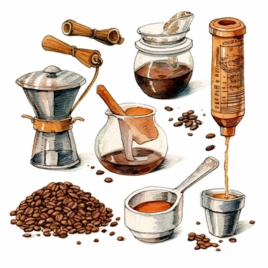 Coffee clip art, coffee beans makers takeaway drawings in watercolor style and clip art style