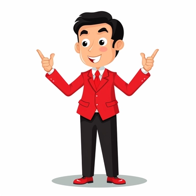 a cute make banker named don clipart with red suit white background explaining hand gestures