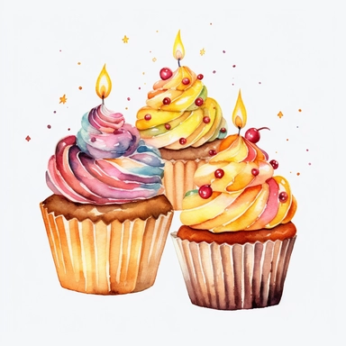 watercolor clipart, cupcakes with candle, white background