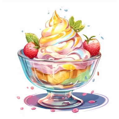 a drawing of a dessert featuring candy and whipped cream, icecream sundae, lemon, glass bowl, in the style of pastel toned, shiny/glossy, colorful fantasy realism, caffenol developing, warmcore, #screenshotsaturday, rubens, white background, isolated, free brushstrokes, watercolor illustration, clipart,