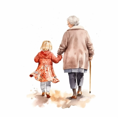 Cute Beautiful Grandma And niece Is Going Full Body Back View Watercolor Clipart,Cartoon, hyper realistic, intricate detail, illustration style,high solution,on the white background