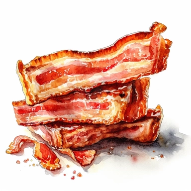 clip art, high quality, watercolour, hand drawn, super realisitc, very sharp and in focus, white background, bacon clipart, on or two rashers of bacon
