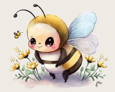 cute Vector bee drawing for clipart, bee is the focal point in a white background, nursery watercolor, in the style of watercolor painting, white background, charming anime characters, cute and colorful, depiction of animals, high quality--seed 4107006010
