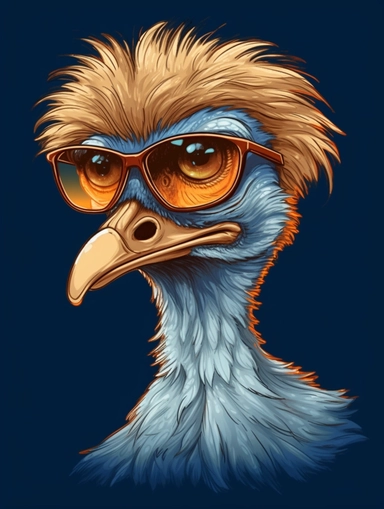 a portrait of a Emu wearing a white shirt and glasses, looking tired and done with life, vector illustration, clipart, outlines, portrait,