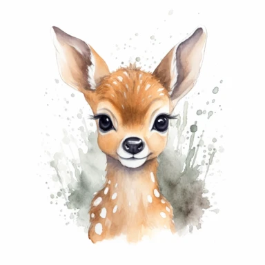 Develop a caricature watercolor-style clipart of a lovable baby deer. The deer's distinguishing features are its oversized, expressive eyes and a disproportionately large head that adds to its charm. The fur is a smooth blend of light brown with specks of white dotting its back. The caricature style emphasizes its youthful innocence and enhances its appealing qualities. The baby deer's eyes, full of wonder and playfulness, are the focal point of this clipart, large and round, surrounded by long,