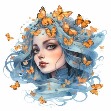 ILLYA OTELOVA WATERCOLOR ILLUSTRATION WITH BLACK OUTLINING THE WATERCOLOR ON INSTRAGRAM, IN THE STYLE OF CAMILLA D’ERRICO, FRANCIS PICABIA, COMIC ART, CHARLIE BOWATER, HAIR CLIPS MADE OF INSECTS, SKY-BLUE AND ORANGE, DELICATE POINTILLISM, CLIPART, WHITE BACKGROUND, CLIPART