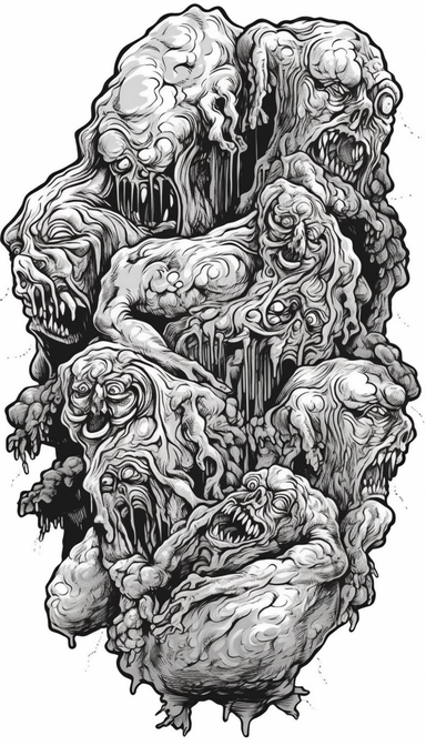 Rectangular creepy shaped Blob's like Cluster of body ghoul zombie lacerated limbs in a death metal t - shirt design monochromatic clipart