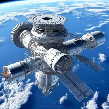 Clipart, A space station orbiting a beautiful blue planet, hyperrealistic, hyper high definition