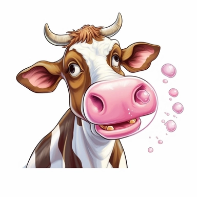 funny cow blowing one big chewing gum bubble, clipart on white background