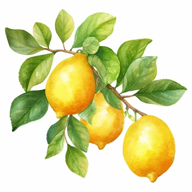 Watercolor clipart vibrant big branch with lush green leaves , The watercolor medium beautifully captures the essence of lemons, with their bright yellow hues blending seamlessly into subtle gradients, creating a sense of depth and texture. The delicate brushstrokes bring out the natural curves and contours of the lemons, while the leaves add a touch of organic elegance to the composition. These watercolor lemons with leaves are perfect for adding a splash of zest and vibrancy to your creative p