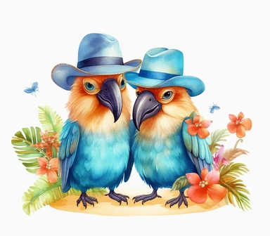 Cute Beautiful couple bird beach Watercolor Sublimation Clipart,Cartoon, hyper realistic, intricate detail, illustration style,high solution,on the white background , 32k resolution, ultra high definition