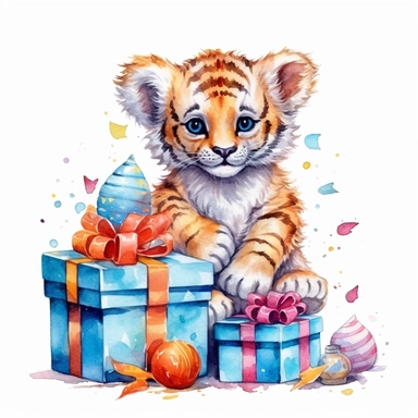 please create watercolor clipart of a baby tiger, smiling, wearing party clothes with birthday presents, vibrant colors, intricate details, isolated on white background, vivid colors, hdr, 8k
