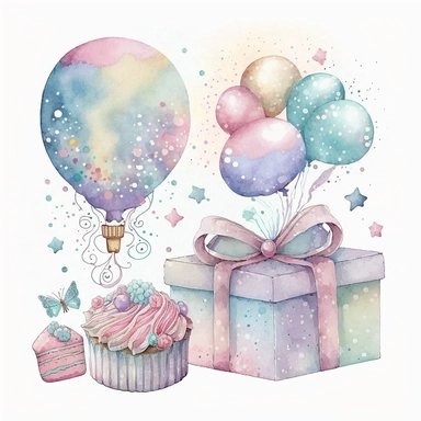 Birthday Day clipart, fairy tale, love, pastel colors, gift, aesthetic, watercolor, glitter, on isolated clean Vivid white background ,No paper texture