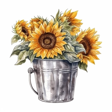 Sunflowers in a silver bucket, watercolor clipart, isolated white background, 32k