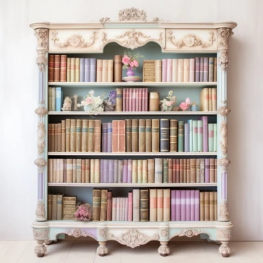 Pastel watercolor Victorian Antique Bookcase A tall bookcase with intricate woodwork showcasing a collection of vintage books with beautifully worn spines accentuated by delicate pastel-hued bookends clipart isolated on white background, Soft sky blue and pale lilac with touches of antique cream pastel color palette, in brush style of Willem Haenraets, clean edges around image, in the style of pastel watercolor illustrations, feminine sensibilities, detailed illustrations, heavy shading, delicat