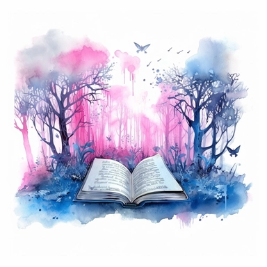 pink and pale blue watercolour image of magical forest coming out of a book clipart, vector image
