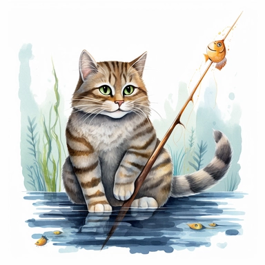 Cute Fishing Cat Watercolor Sublimation Clipart, Clipart, white background, no watermark, no text, no word,