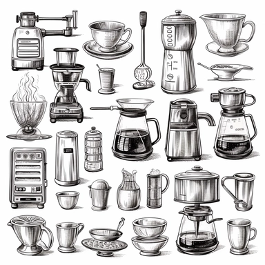 Alternative coffee brewing methods and tools cliparts. Set of coffee machine, hario, utensils, french press, moka, cup, kettle icon. Hand drawn isolated elements for cafe, menu, coffee shop