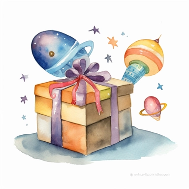 Eleven watercolor Cliparts by Thomas W. Schallerof of celebration gift box features a watercolor design with a space explorer theme . The box is rectangular in shape and tied with a coordinating ribbon and a small spaceship charm
