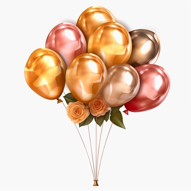 Balloon Bouquet: Create a set of cliparts featuring colorful balloons bundled together in a beautiful bouquet arrangement, rose and gold colors , high resolution, white transparent background no captions