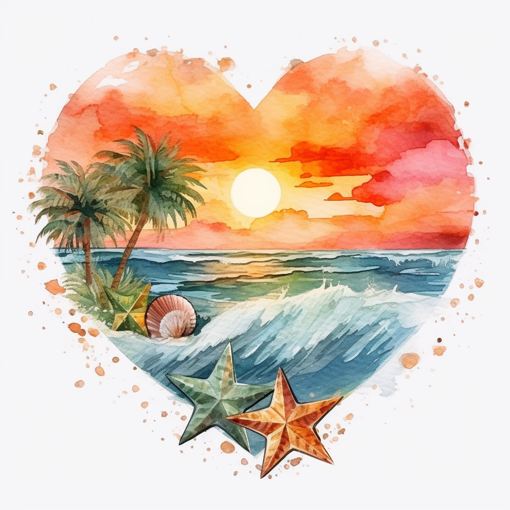 Retro Heart Beach Sunset Watercolor Clipart, Watercolor Beach Sunset in ...