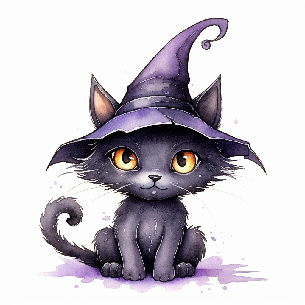 Cute Witches Black Cat Wearing Witch Hat, Black Cat By Witch's Cauldron 