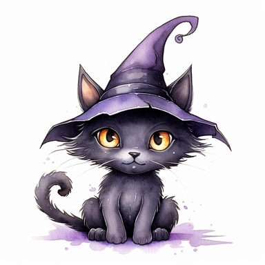 Cute Witches black cat wearing witch hat, black cat by witch's cauldron, ink and wash, watercolor Clipart, style by Lucy Fleming, watercolor, smooth gradients, black contour outline, ultra detailed, clipart elements, delicate pastel colors, solid white background, super clear, high quality