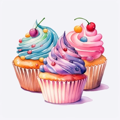Cupcakes, water color style, clipart, white background transparent background