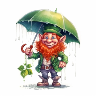 Cute Adorable magical little leprechaun with a cylinder hat and a red beard holds laterally a umbrella in his hand wears a raincape and stand in the rain on a country road, clipart, photorealistic illustration, watercolor, high detail, 8k polished, 8k, vibrant colors, white background