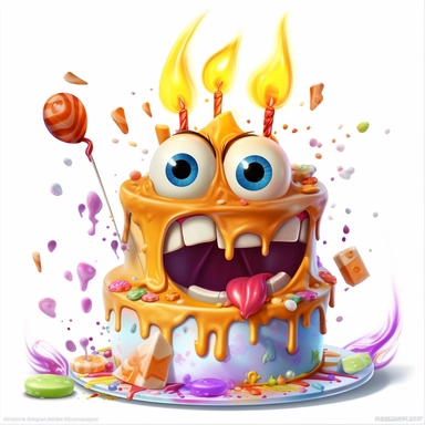 clipart of a messy two layer birthday cake, there is a funny face in the cake, candles, cartoon, for kids, funny, pixar, 8k, white background, sharp focus, detailed,
