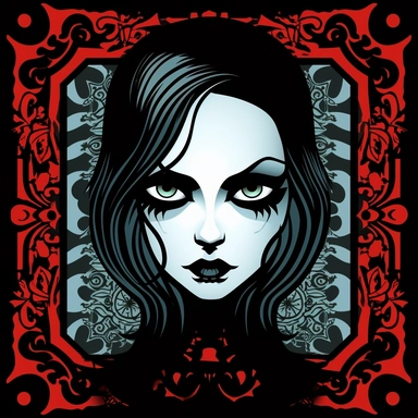 Craft a clipart depicting a goth woman with mesmerizing glowing eyes. Create a vivid and colorful image, with intricate details and sharp lines. Please make sure the background is a solid white