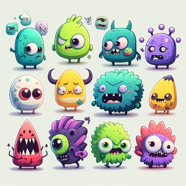 10 cute monster stickers collection, clipart design, cartoon, 4k, white background