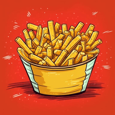 Imagine a delicious French fries clipart, exuding a sense of warmth and comfort food charm. This hand-drawn clipart showcases a heaping serving of fries, with their golden-brown hues and crispy edges. You can almost taste the perfect balance of fluffiness and crunchiness in every fry, with a sprinkle of salt visible on their surface. The fries are presented in a nostalgic white and red paper fry cup. The illustration pops out from the clean, white background, creating a mouth-watering image.