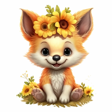 Cute Beautiful Happy Face Baby FoxSunflower On Head Is Sitting Full Body Sublimation Clipart,Cartoon, hyper realistic, intricate detail, illustration style,high solution,on the white background