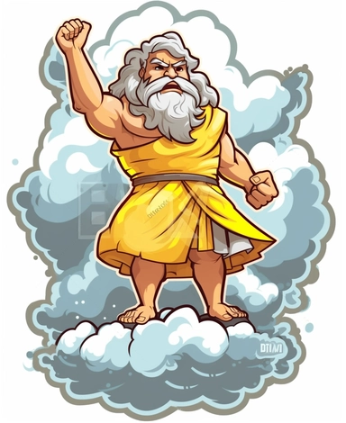 Sticker Clip Art of Zeus standing on Mount Olympus, children friendly, King of the Gods, clouds and lightning behind him, King of Mount Olymp, illustrated in a playful style with a friendly expression, perfect for any special occasion, cut out in the shape of Zeus on a Mountain, Muscular, with no visible background, giving it the appearance of a sticker, conveying a mystical and whimsical mood, edited with Adobe Photoshop to adjust brightness and contrast, rendered as a transparent PNG file with