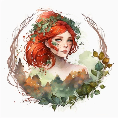 short red hair with bangs female forest fantasy druid watercolor clipart