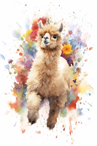 A highly detailed watercolor drawing of an adorable baby alpaca frolicking on a rolling wildflower hill on white background. The alpaca is captured in a playful and joyful moment, with its fluffy coat bouncing as it jumps and runs through the vibrant wildflowers. The watercolor depicts the intricate details of the alpaca's features, including its expressive eyes, cute ears, and endearing smile. The drawing showcases the alpaca's interaction with the colorful wildflowers, with petals and blooms s