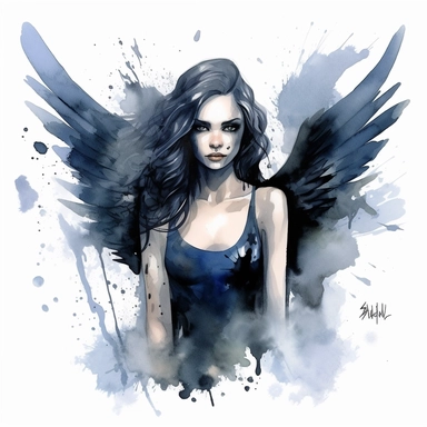 make dark angel watercolor clipart, blue theme, evil looking